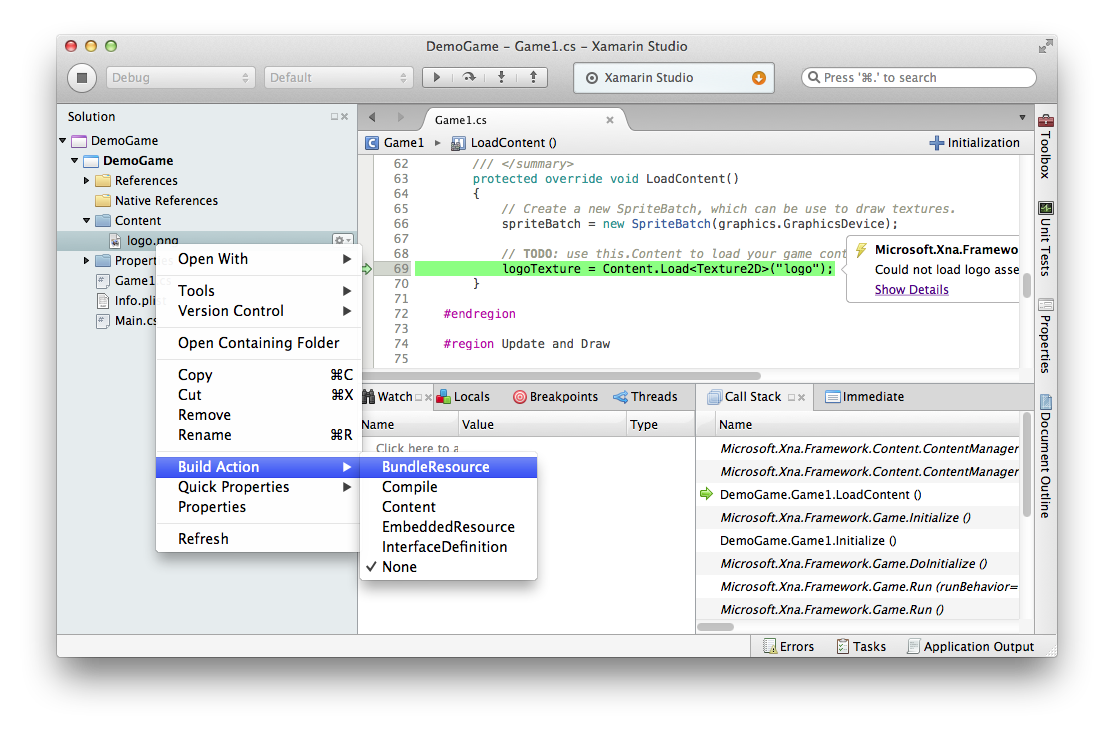 visual studio for mac exception settings